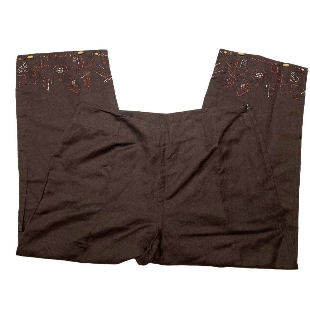 Hearts of Palm Brown Linen‎ Blend Globe Trotter Beaded Capri Pants sz 14 NEW